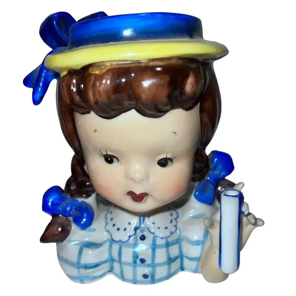 1950s Napco Head Vase Planter Girl with Pigtails & Blue Bows - Japan Vintage